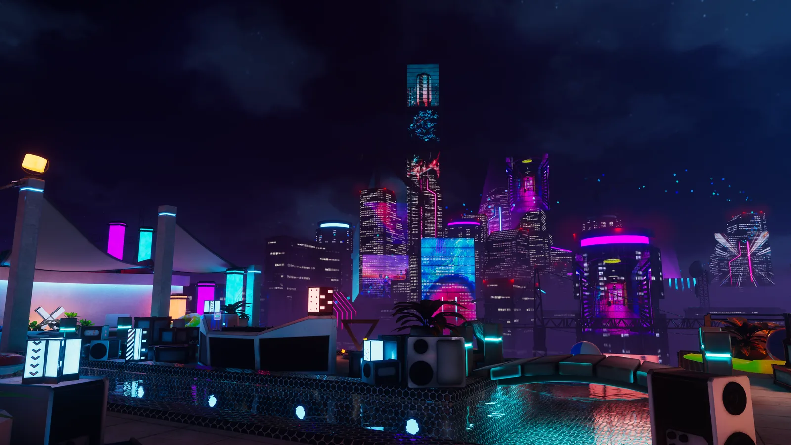 A neon city skyline at night, seen from a rooftop terrace with a pool, speakers, and glowing light pillars.