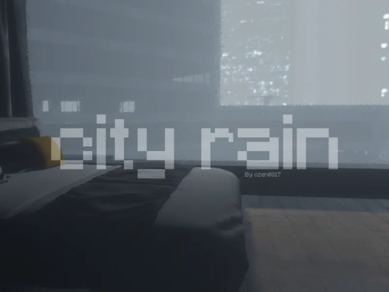 A dim bedroom with a bed in front of a misty window onto city towers, with the City rain title across it.