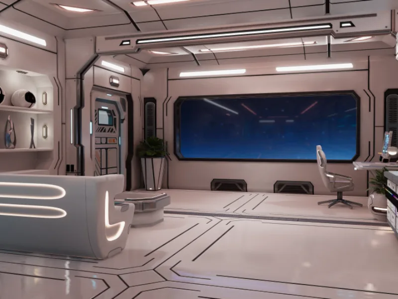 A white spaceship room with lit wall panels and a swivel chair facing a wide window onto the stars.