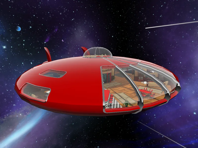 A red flying saucer in space, cut open on one side to show a diner with a checkered floor and red tables.