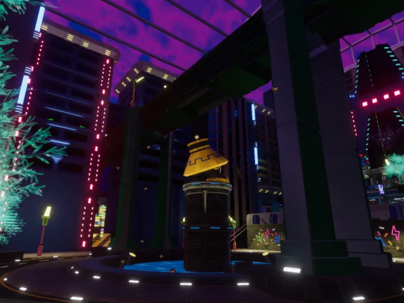 A gold-topped tower in a plaza at night, ringed by dark high-rises lined with neon lights.