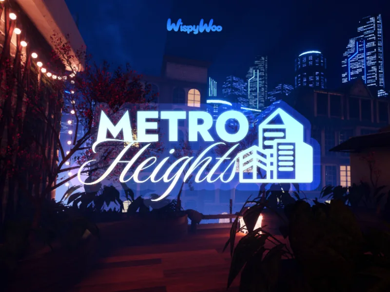 A rooftop deck with string lights and plants in front of a blue city skyline, under the Metro Heights title.