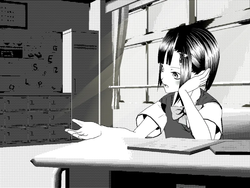 A black-and-white manga drawing of a schoolgirl at her desk, with sunlight through the window and letters floating on the wall.