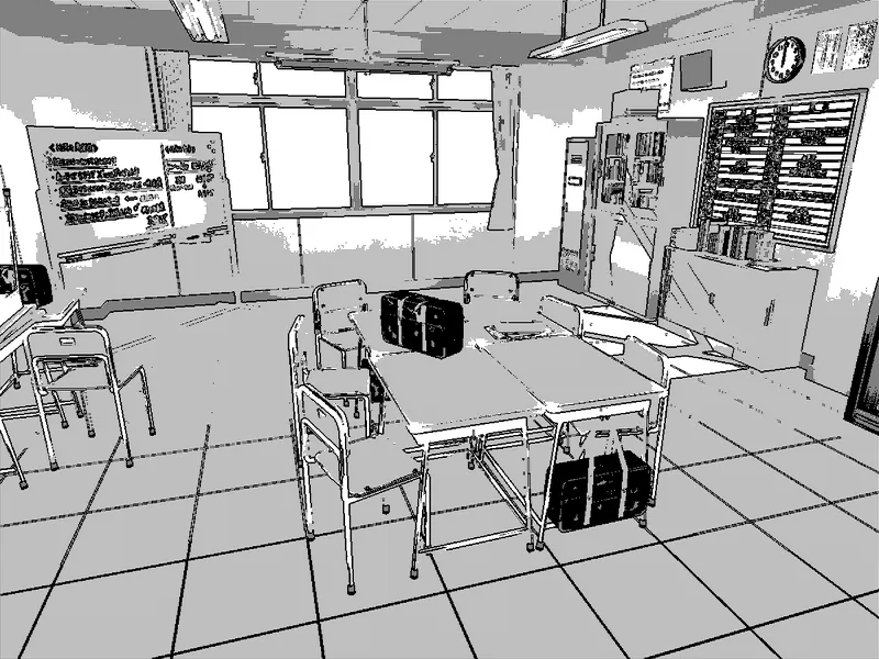 A school classroom drawn in black-and-white manga ink, with desks, school bags on them, and bright windows behind.