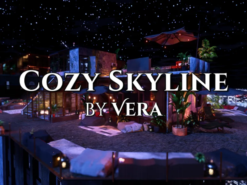 A rooftop loft at night under a starry sky, with lounge cushions, potted plants, and a red umbrella, under the Cozy Skyline title.