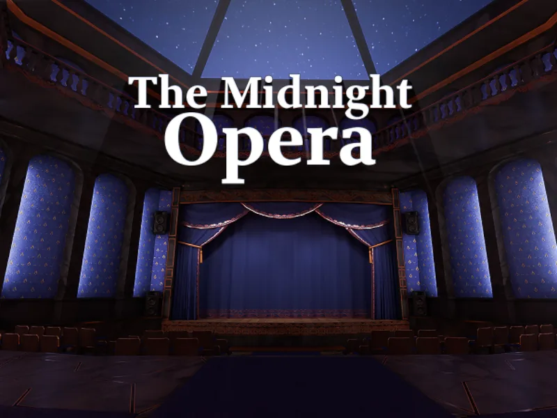 A theater stage with blue curtains under a starry ceiling, with The Midnight Opera written above it.