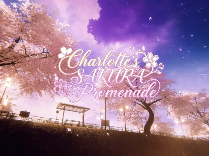 夕暮れの桜並木の道とバス停の上に、「charlotte's sakura promenade」のタイトルが出ている。