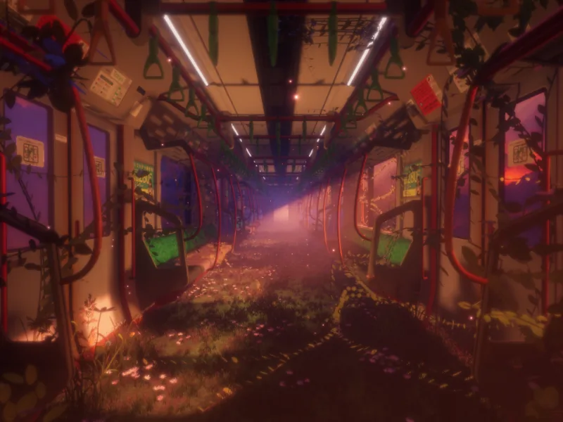 ツタと草に覆われた電車の車内に、夕日の光が通路に沿って差し込んでいる。