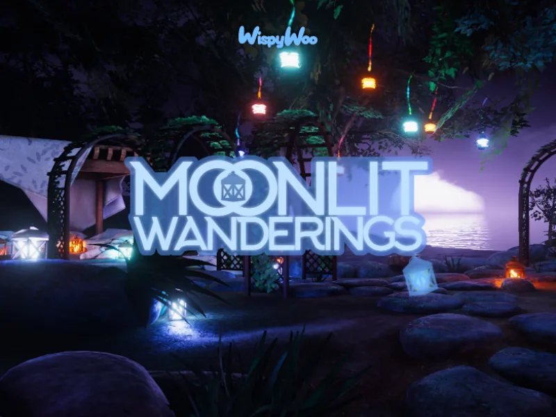 色とりどりのランタンと飛び石、小屋のある夜の庭の上に、「moonlit wanderings」のタイトルが出ている。