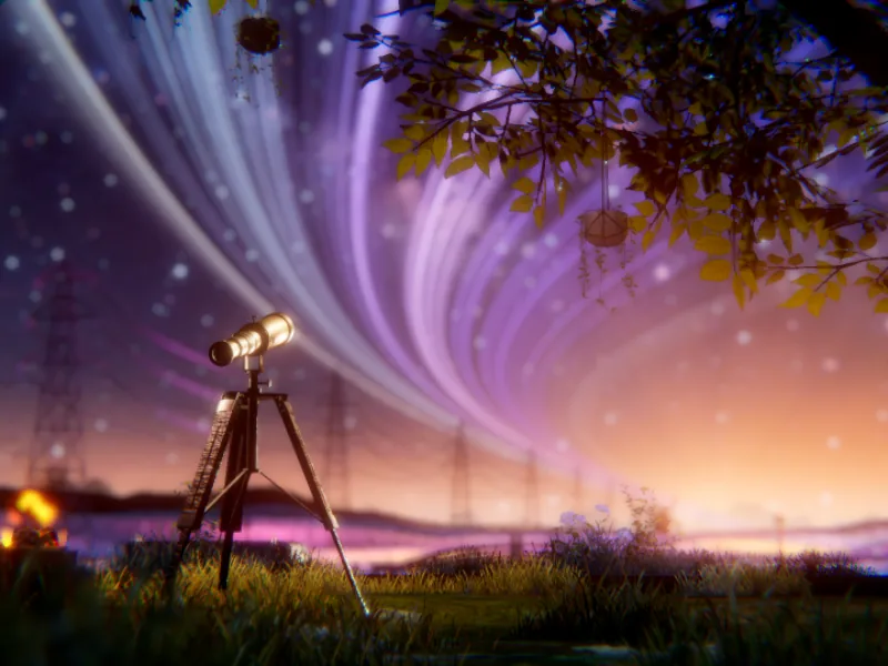 紫色の夜明けの空に光の筋が弧を描く下、草の上に望遠鏡が置かれている。