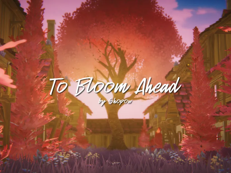大きなピンク赤色の木で行き止まりになる街の路地の上に、「to bloom ahead」のタイトルが出ている。