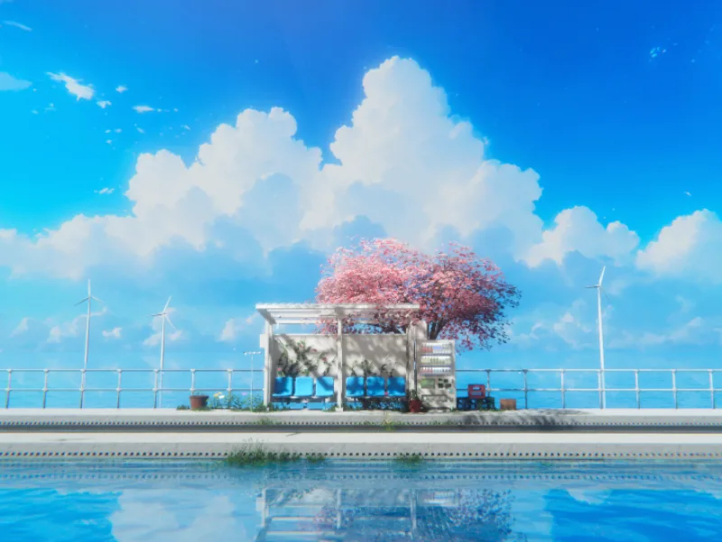 雲と青空を映す水面より一段高いところに、白いバス停の待合小屋とピンクの桜の木がある。