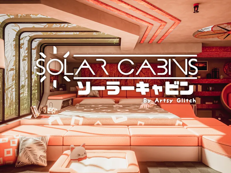 珊瑚色のキャビンに大きなラウンジベッドと曲面の窓があり、上に「solar cabins」のタイトルが出ている。