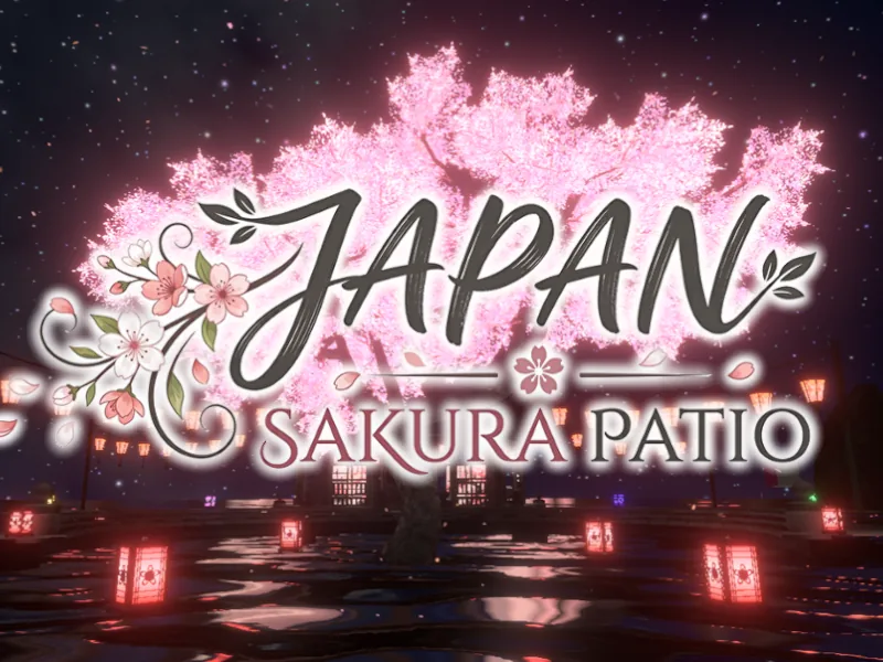 暗い水面に光る桜の木と赤い提灯が浮かぶ上に、「japan sakura patio」のタイトルが出ている。
