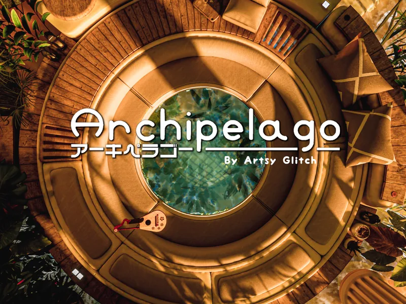 上から見た円形のくぼんだ座席スペースと、その中央のプールの上に、「archipelago」のタイトルが出ている。