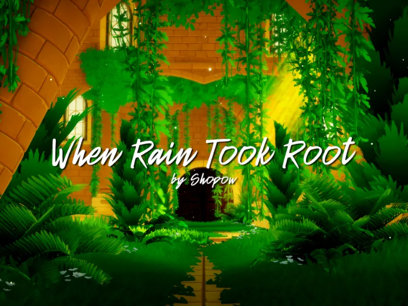 ツタとシダに覆われた石造りの神殿の入口の上に、「when rain took root」のタイトルが出ている。