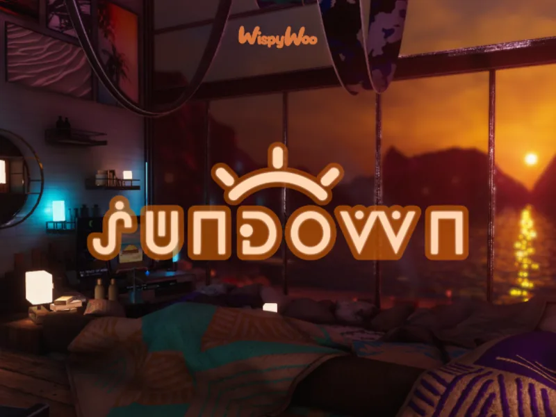 薄暗いロフトにベッドと、海に沈む夕日が見える大きな窓があり、上に「sundown」のタイトルが出ている。
