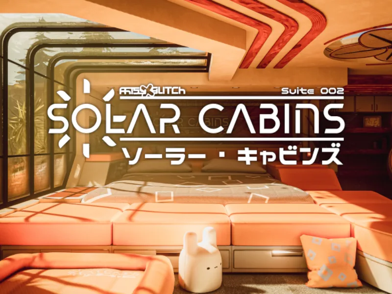 日の差すキャビンに、幅広のクッション付きベッドとぬいぐるみがあり、上に「solar cabins」のタイトルが出ている。