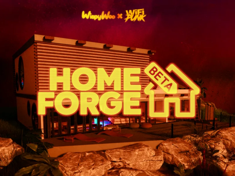 赤い空の下、岩の上に建つモダンな家の上に、「home forge beta」のタイトルが出ている。