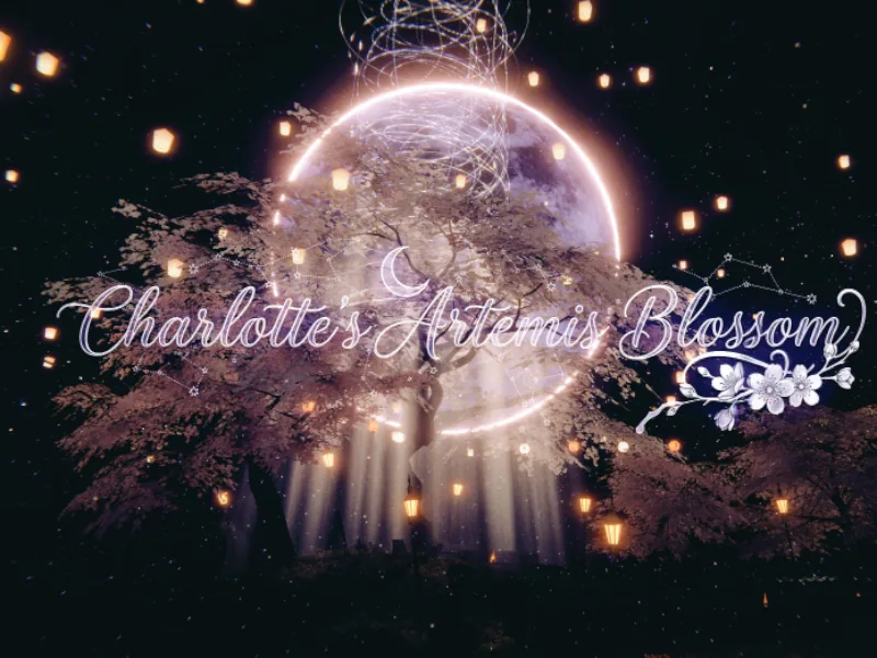 夜、巨大な光る月と桜の木、浮かぶランタンの上に、「charlotte's artemis blossom」のタイトルが出ている。