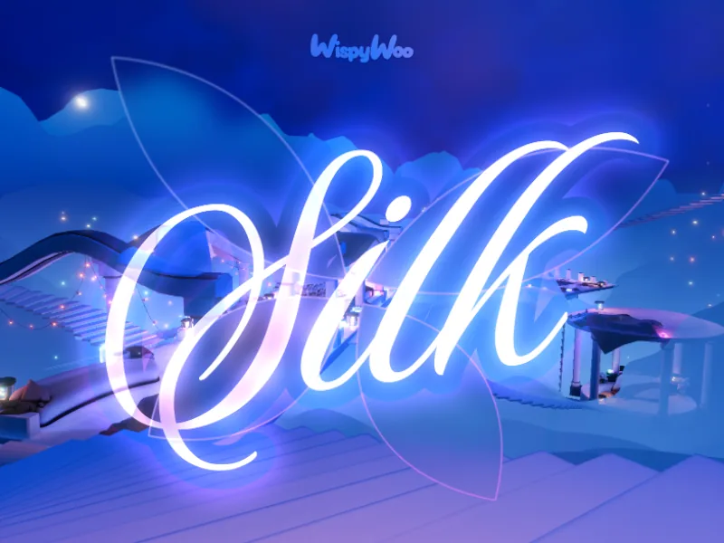 座席のある青い雲の床の上に、光る筆記体で「silk」のタイトルが出ている。
