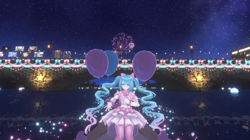 ワールド内の様子:花火が上がる橋を背に立つ初音ミク