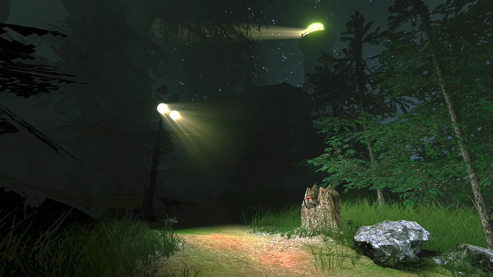 A dirt path through a pine forest at night, lit by a pair of lamps on a pole, with a green comet crossing the stars.