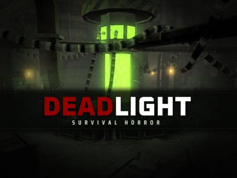 The DEADLIGHT title over a dark industrial hall with a glowing green core in the middle.