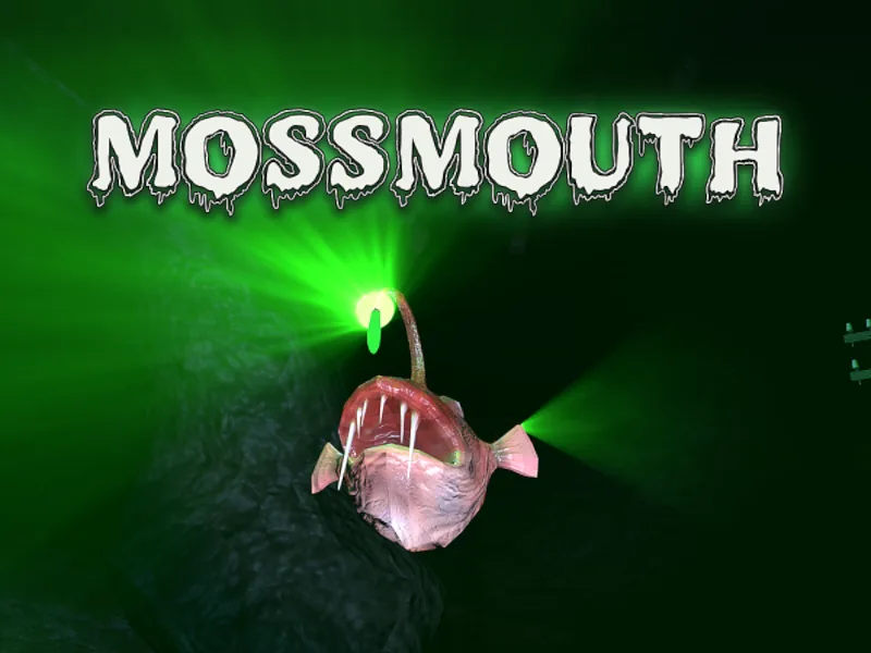 An anglerfish with a glowing green lure in dark water, under the MOSSMOUTH title.