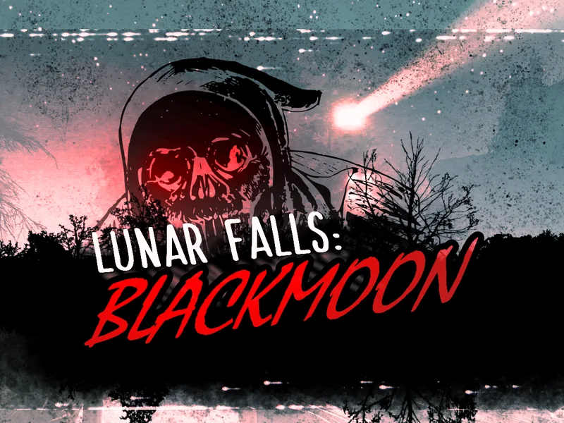 A hooded skull with red eyes and a falling comet over dead trees, behind the Lunar Falls: BlackMoon title.