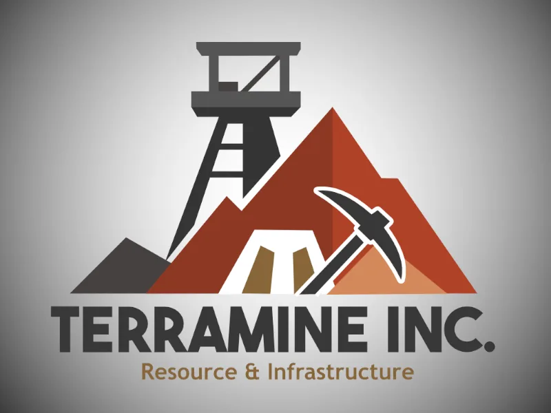 The Terramine Inc. company logo, a mine headframe and a pickaxe in front of a red mountain.