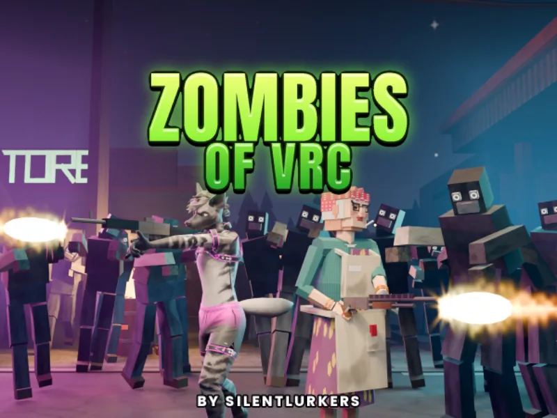 Blocky avatars firing guns into a crowd of blocky zombies at night, under the Zombies of VRC title.