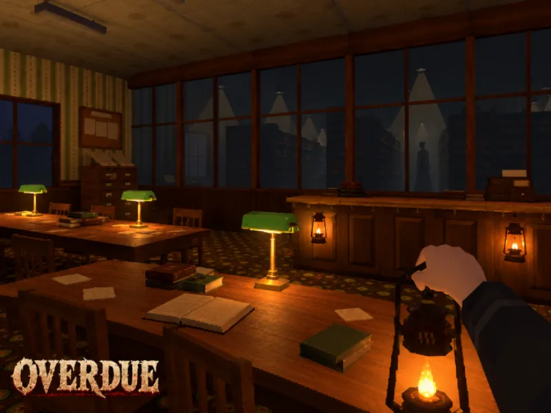 A library at night with green desk lamps on the reading tables and a lantern held up in front, under the OVERDUE title.