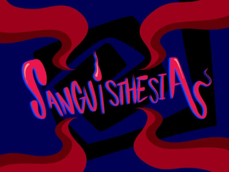 The Sanguisthesia title in red lettering, with red tendrils curling over a dark blue background.